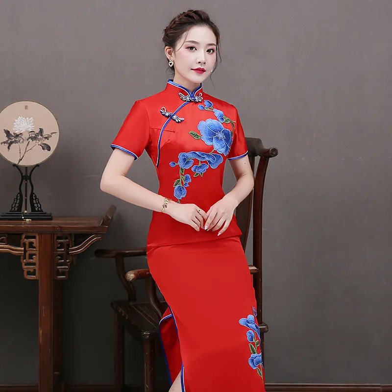 Красное сексуальное женское длинное платье Cheongsam в традиционном китайском стиле с коротким рукавом Qipao тонкое вечернее платье на пуговицах Vestido S-5XL