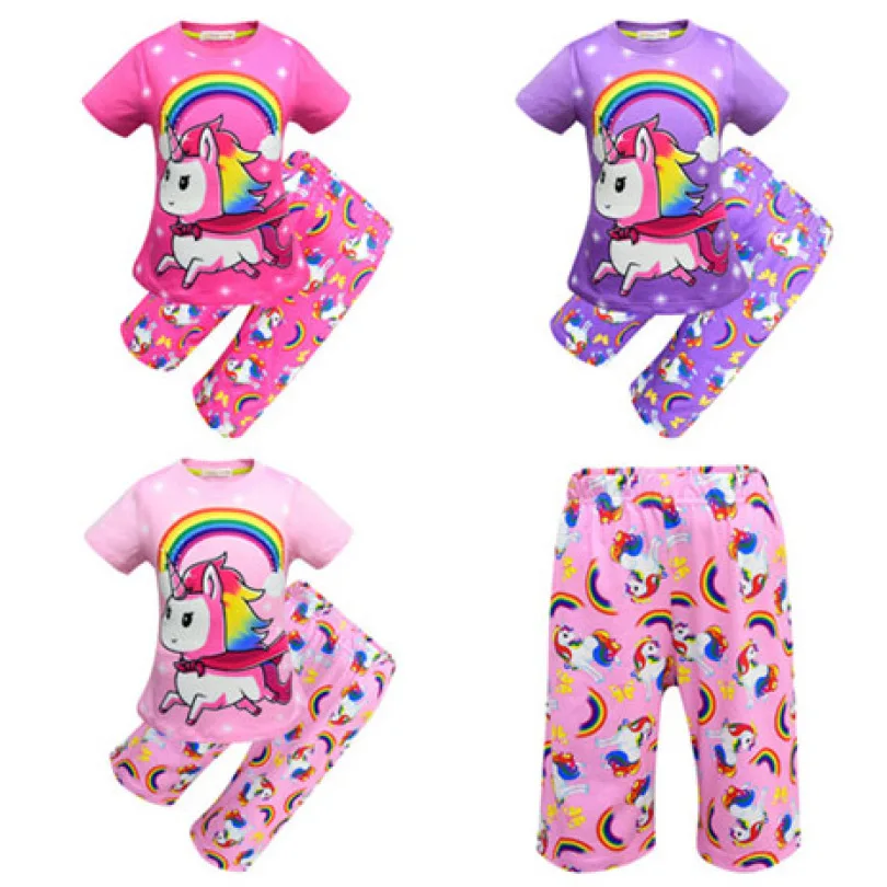 

Kids Baby Girls Rainbow Clothes Set Cartoon Unicorn Print Clothing Summer Toddler Sleeping Suit T-shirt + Pants Two-piece Pink