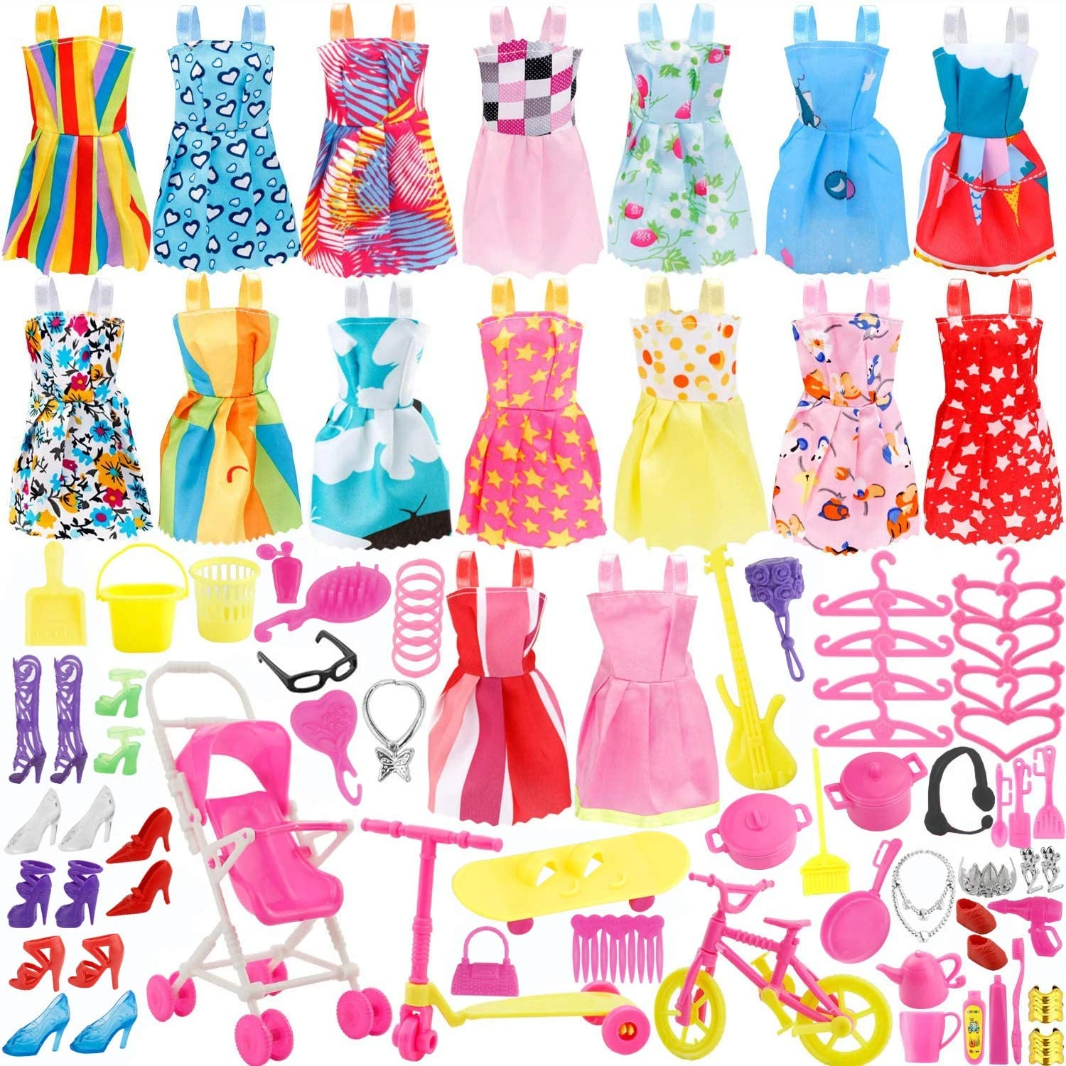 135 Pcs Barbie Doll Clothes Party Gown Outfits Shoes Bags Necklace Toy Accessory