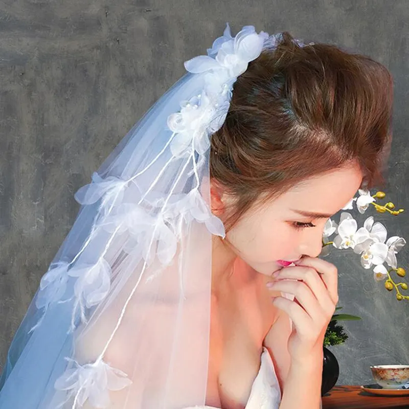 

Romantic 150 CM Wedding Veils With Appliques Flowers 2020 White Tulle Two Layers Bohemia Women Hair Bridal Accessories