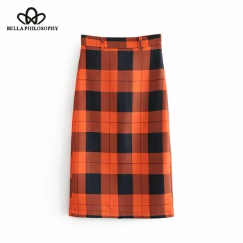 

HStar 2020 autumn Chic Plaid OL Midi Tube Skirt High Waist Back Vents Side Zipper Ladies Skirts Casual Faldas Mujer
