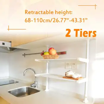 

2Tiers Kitchen Tension Rack Kitchen Countertop Support Bracket Storage Shelf ABS+Carbon Steel Organizer Retractable 68-110cm New
