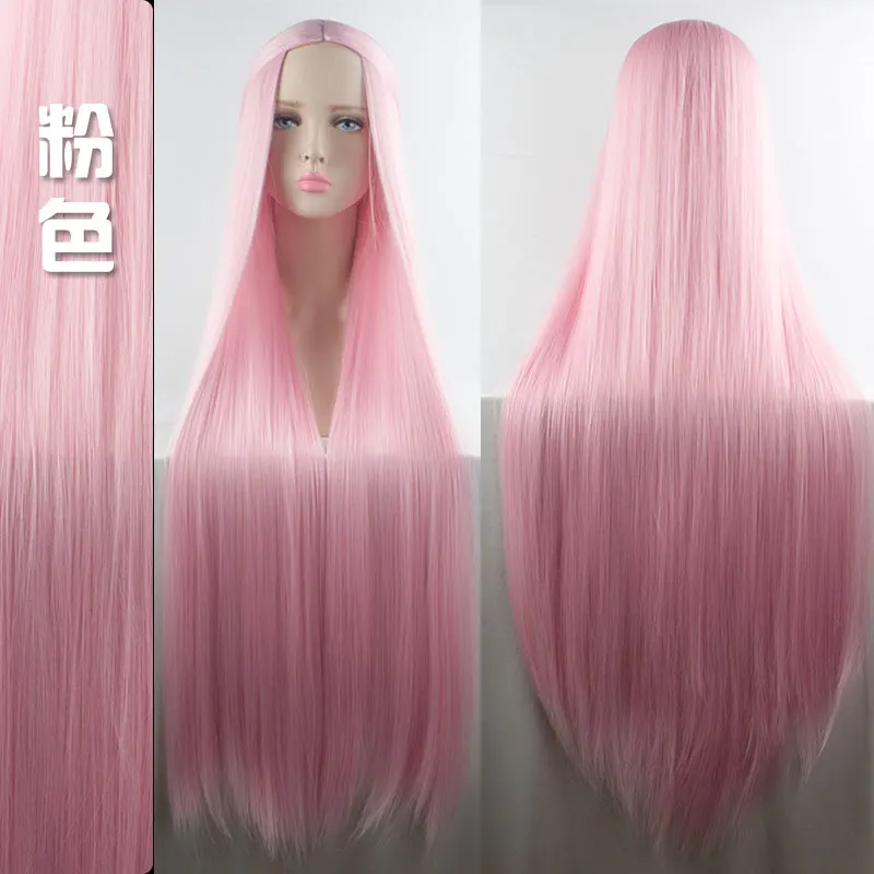 Women Aosi 100cm Long Straight Wig Middle Part Black Pink Heat Resistant Synthetic Costume Cosplay Party Wigs Natural Hair