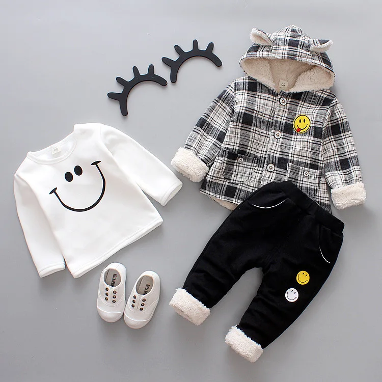 

Childrenswear Winter Style Men And Women Children Plaid Smiley Brushed And Thick Three-piece Set Pure Cotton CHILDREN'S Sweater