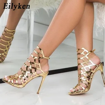 Eilyken-Sandalias de gladiador con tacón abierto para mujer, zapatos de gladiador con hebilla trasera, a la moda, color champán, nuevo diseño, 2022 1