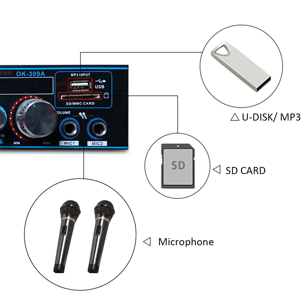 HIFI 2CH 800 Вт аудио усилитель мощности FM USB SD мини микрофон Bluetooth стерео аудио усилитель для автомобиля домашний кинотеатр звуковая система