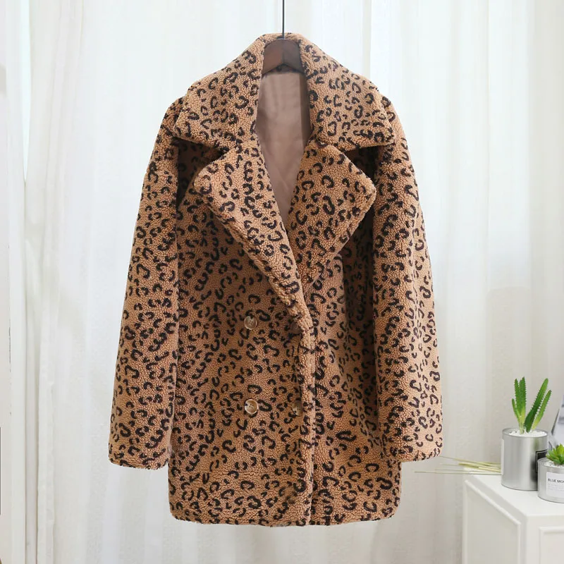 Classic Turn-down Collar Solid Faux Fur Jacket Coat Women Winter Warm Thicken Fake Lamb Overcoats Basic Soft Plush Overwear - Цвет: camel leopard coat