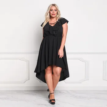 

Summer Midi Dress Women Fashion Plus size Irregular V-neck Ruffles Butterfly Sleeve Casual Black Dress Fat sister Party Dresses