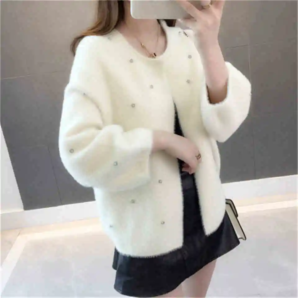 

2019 Spring Autumn Fashion Beading Loose Faux Mink Knitted Cardigan Sweater Coat Female Fluffy Tricot Open Stitch Tops PZ2097