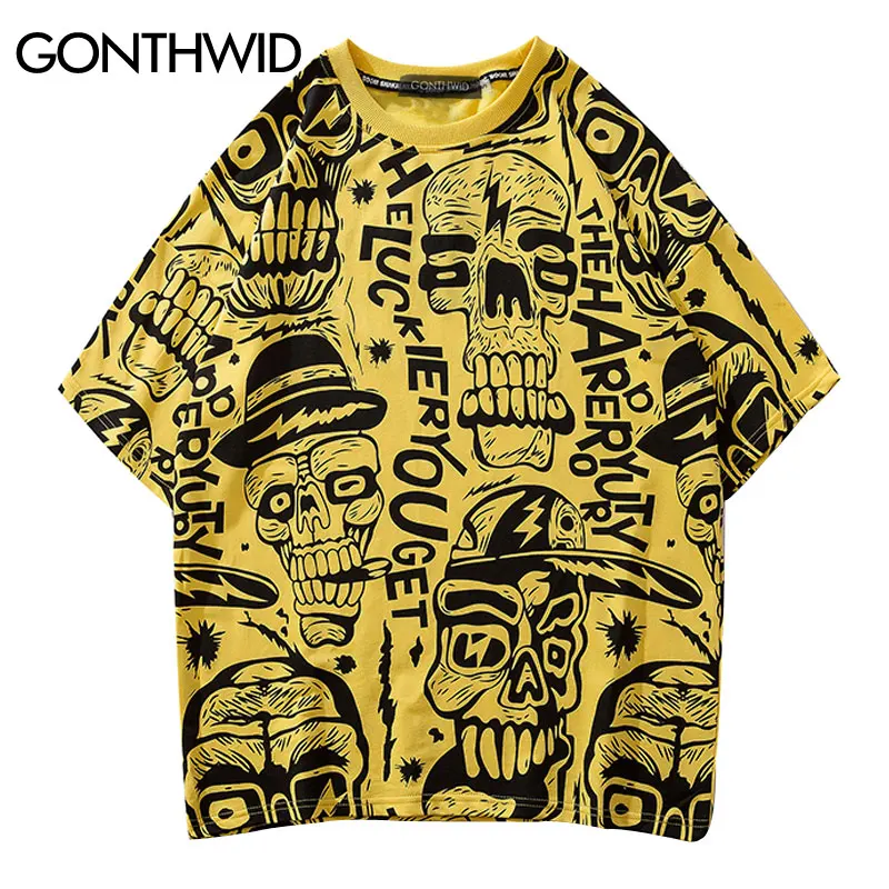 GONTHWID Hip Hop Skull Graffiti Print T Shirts Streetwear 2019 Summer Mens Harajuku Casual Short Sleeve Tops Tees Male Tshirts |