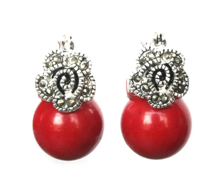 Jewelry Jade Earring Lady's 12mm Red Coral Bead Flower Marcasite &amp 925 Silver Earrings Free Shipping | Украшения и