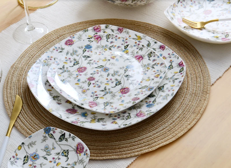 2pcs/lot, bone china floral square dinner plates, porcelain dishes and