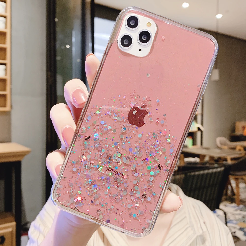 Блестящий чехол с блестками для Iphone 13 12 Mini 11 Pro XS MAX X XR прозрачный со звездой iphone SE 8