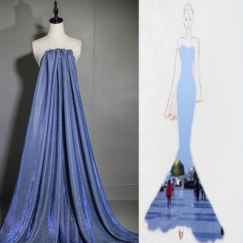 Премиум синий W/серебряный блеск стрейч-Тюль Ткань, продается метр