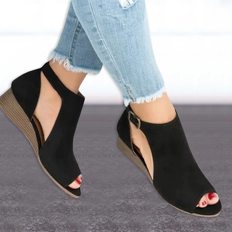 

Autumn 2019 Plus 43 Women Sandals Open Toe Wedges Sandals Comfort Fish Mouth Causal Mid Heels Chaussures