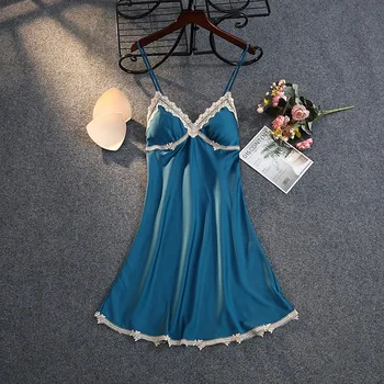 

2020 New Sexy Lace Nightdress Women Thin Silk Straps Chest Pad Ice Silk Nightgown