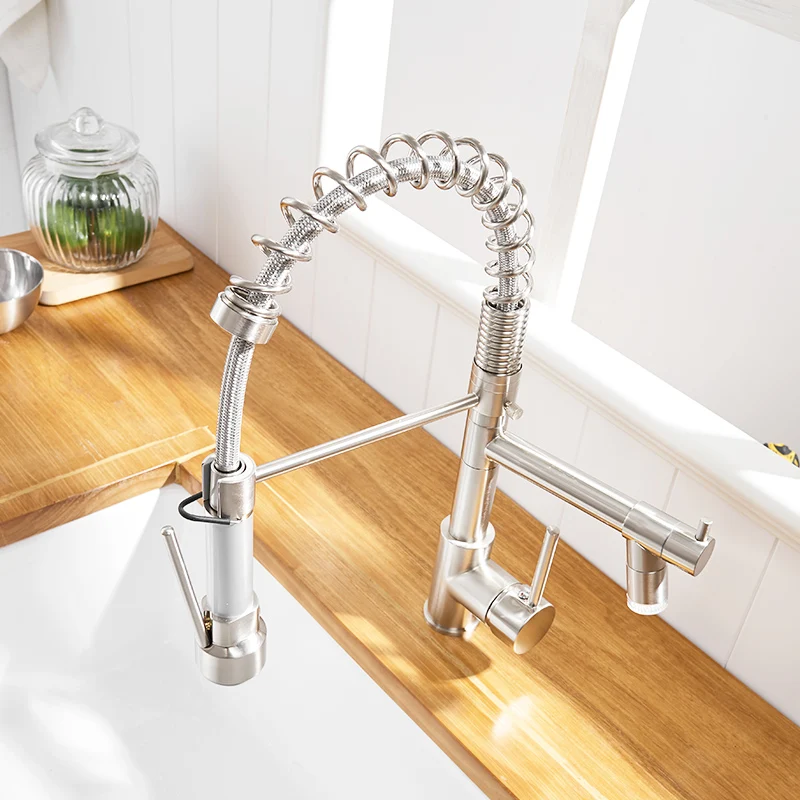  FLG Brushed Nickel Kitchen Faucets High Quality Brass Faucet Pull Out LED Kitchen Taps Hot and Cold - 4000086141610