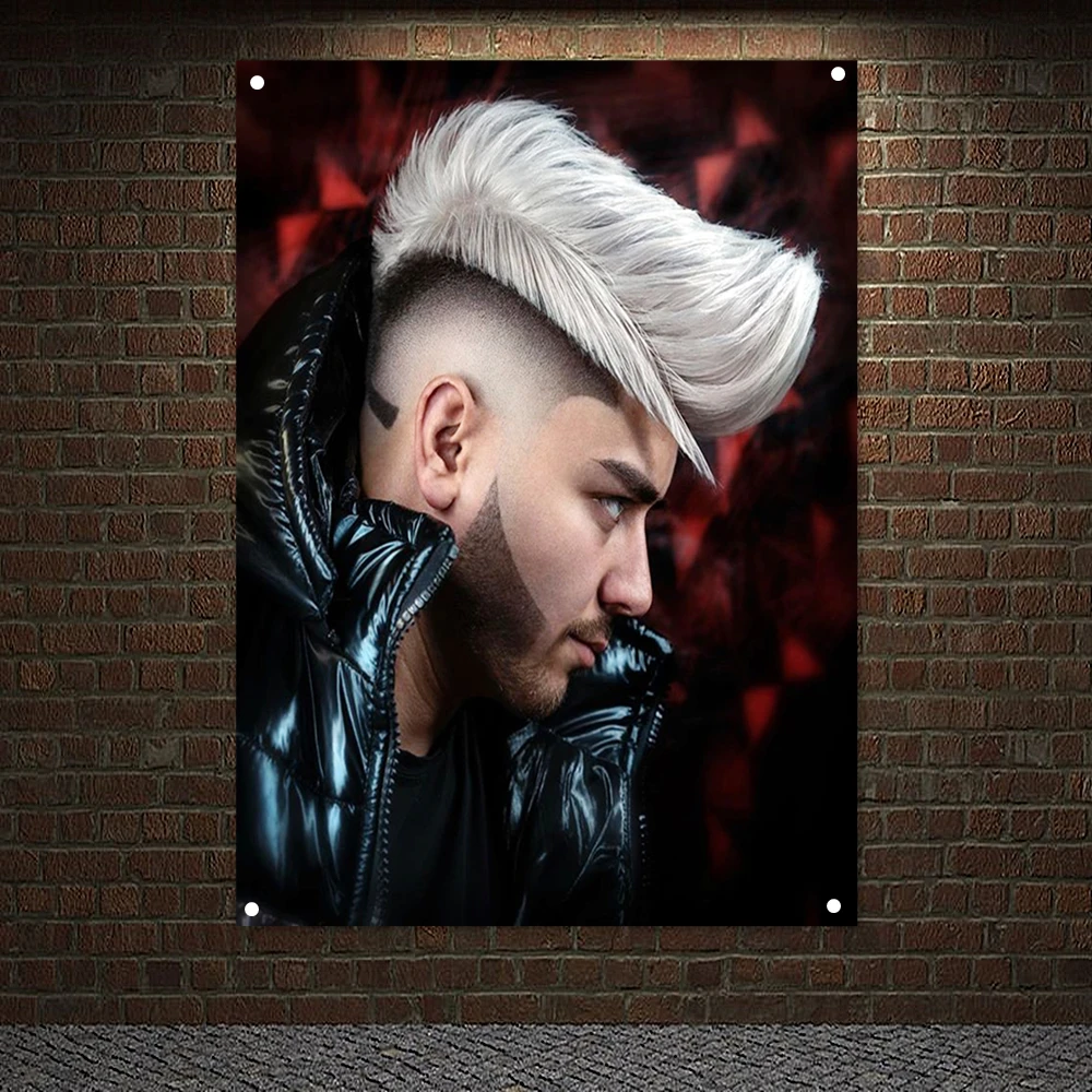 Sculpture Pomade Banner Flag Men White dyed hairstyle Barber Shop Home Decor Poster Signboard Tapestry Wall Art Canvas Painting