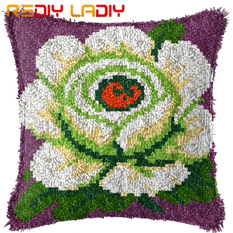 

Latch Hook Cushion White Flowers Pillow Case Pre-Printed Color Canvas Acrylic Yarn Latched Hook Pillow Crochet Cushion Cover Kit