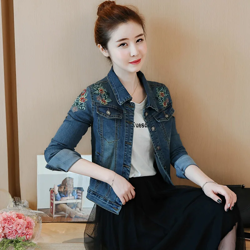 

Elasticity Coat Embroidered Short Women's 2019 Autumn Clothing Korean-style Slim Fit Jacket Embroidery Large Size Coat