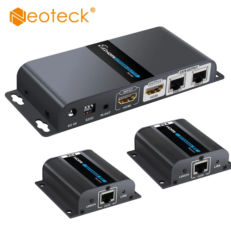 

Neoteck HDMI Extender With HDMI Loop Out Splitter Extend 40m Over CAT6 Cable 1 Transmitter 2 Receiver TX/RX With Remote Control