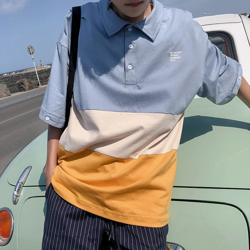 2019 Summer Men's New Casual Contrast Color Stitching Short-sleeved Lapel T Shirt Loose Temperament Trend Cotton Harajuku 2019 Summer Men's New Casual Contrast Color Stitching Short-sleeved Lapel T Shirt Loose Temperament Trend Cotton Harajuku