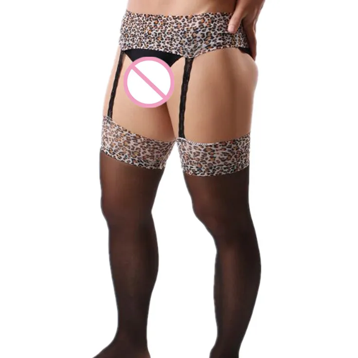 Summer Men's Sexy Fashion Leopard Pantyhose Mens Sheer Tights Crotchless Stockings Fetish Pantyhose for Male Underwear Lingerie