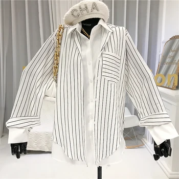 

Fake 2 Piece Shirt Women Full Sleeve Turn-down Collar Pockets Striped WOMEN Tops New 2020 Stylish Female Shirts white