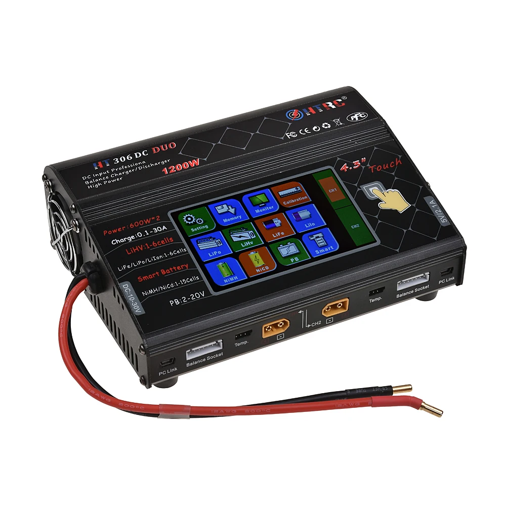 

RC Balance Charger HT306 DC DUO 600W*2 30A*2 Dual Port 4.3" Color LCD Touch Screen for Lilon/LiPo/LiFe/LiHV Battery