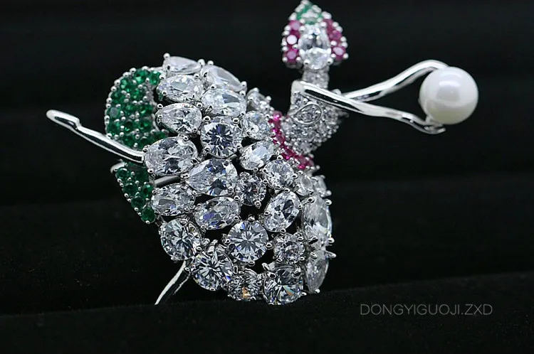 45x56mm Mountain Crystal Silver Plated CZ Micro Dancer Girl With White Pearl Brooch