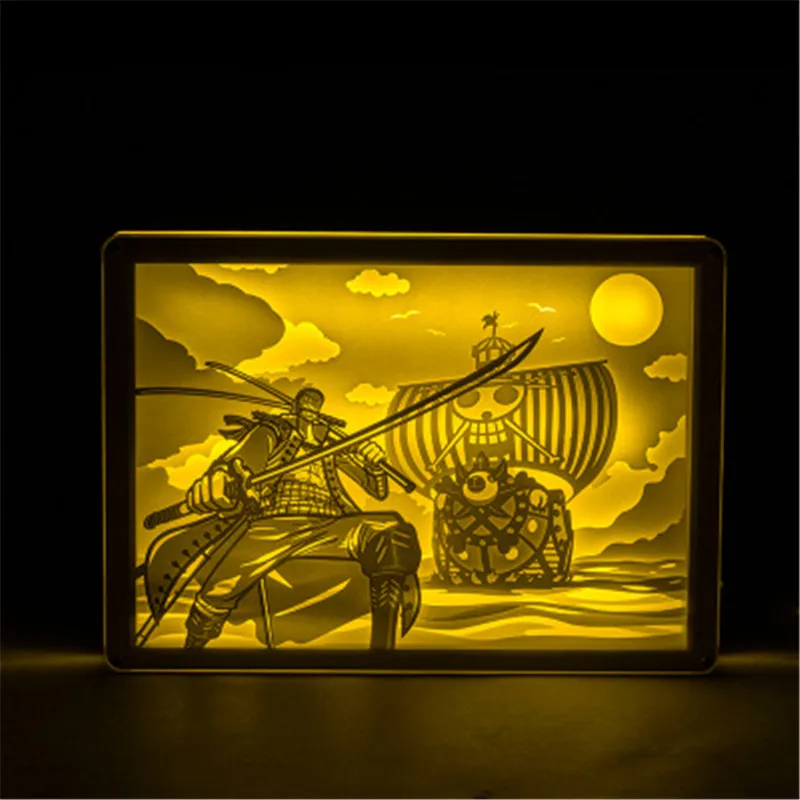 

ONE PIECE Roronoa Zoro Cartoon Pierced Light And Shadow Paper Carving Lamp Action Figure Remote Control Light X2743