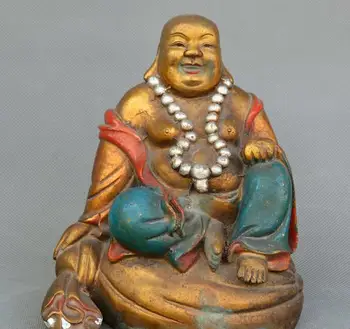

Chinese Tibet Buddhism old Bronze colour drawing Maitreya Buddha Gold bag statue