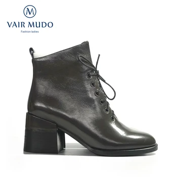 

VAIR MUDO Ankle Boots Shoes Women Thick Heels Patent Leather Round Toe Women Boots Shoes Fashion High quality Green Warm DX64