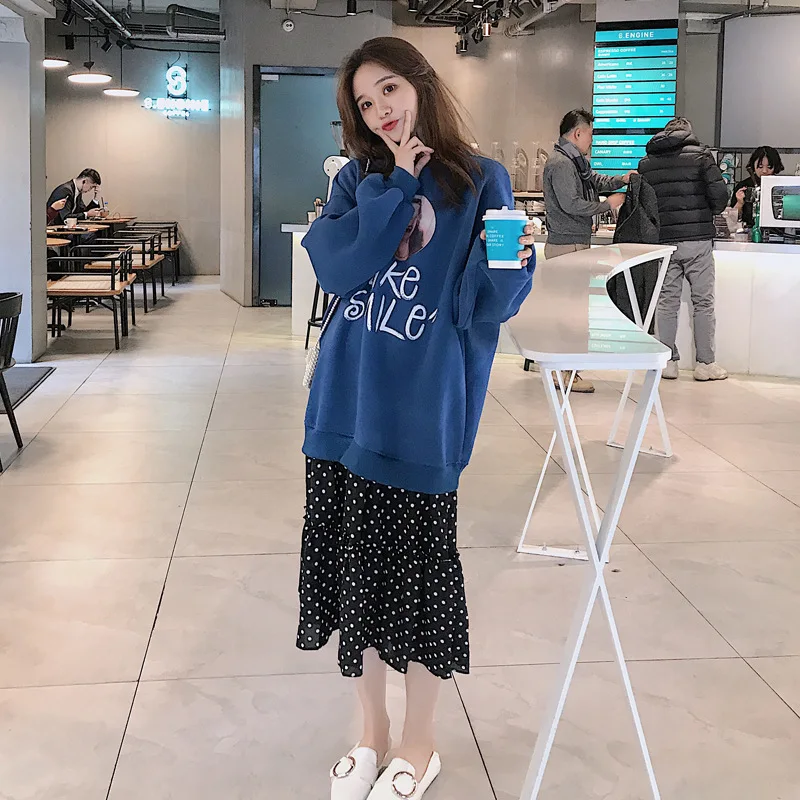 

2019 Early Spring New Style Korean-style Loose-Fit CHIC Laziness High Collar Hoodie Joint Polka Dot Fake Two-Piece Dress Women's