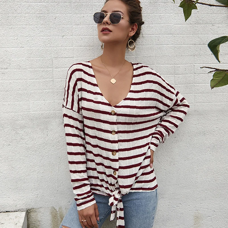 

Autumn Sweater Women Stripe Button Down Bow Light Weight Knitted Women Sweter Jumper