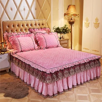 

Pink bedding Fleece Quilted Bedspread Bedskirt Twin Queen King size Bed sets Bedsheet Bed cover parure de bedding set luxury
