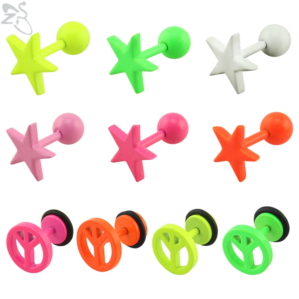 

ZS 2 Pcs Colorful Stud Earrings For Women Girls Star Peace Sign Ear Studs Trendy Green Earrings Female Daily Wear Accessories
