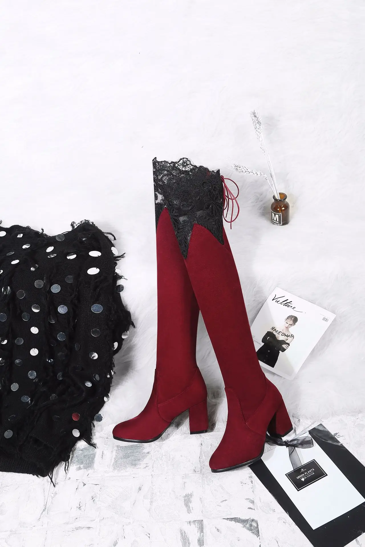 Новое поступление nueva moda salvaje de encaje Sobre las botas de la rodilla con botas de gamuza botas de mujer de gran tamamino