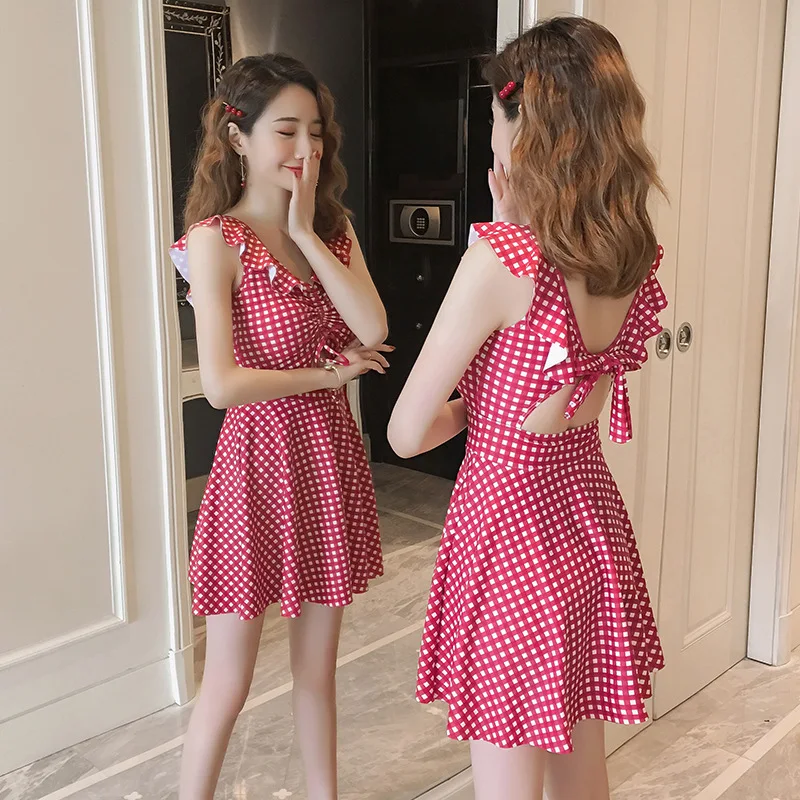 

May Female Beach Swimsuit Free Shipping On Big Breasts Sexy Surfing Swimsuits For Women Push Up Korea Hide Skirt Grid At