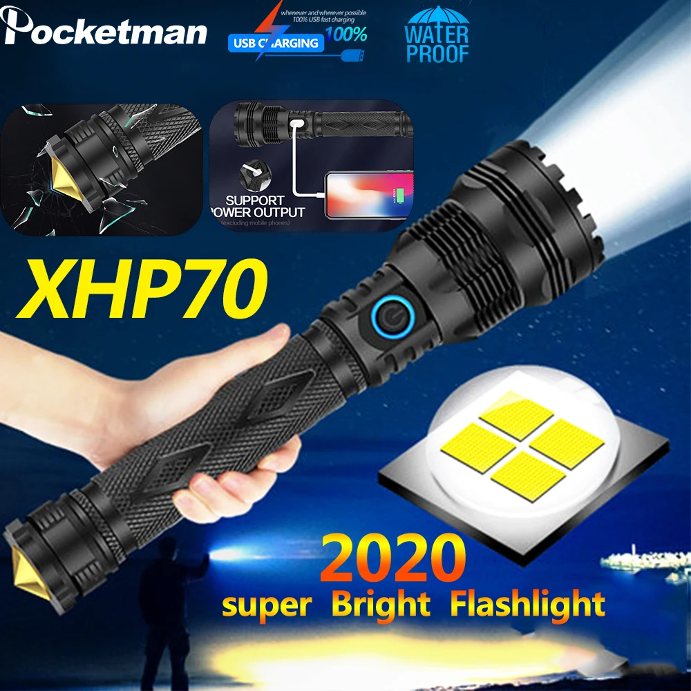 2020 Super Bright XHP70 LED Flashlight Tactical Torch USB Charging Zoom