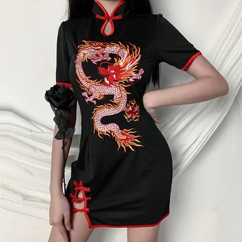 

New ins dragon embroidery improved cheongsam small black skirt high waist split hole retro mourning dress