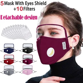 

5pcs Windproof Face Shield + 10FiltersWith Eyes Shield Valves Cloth Washable Mouth Mask Face Shield Reusable Face Mask Facemask