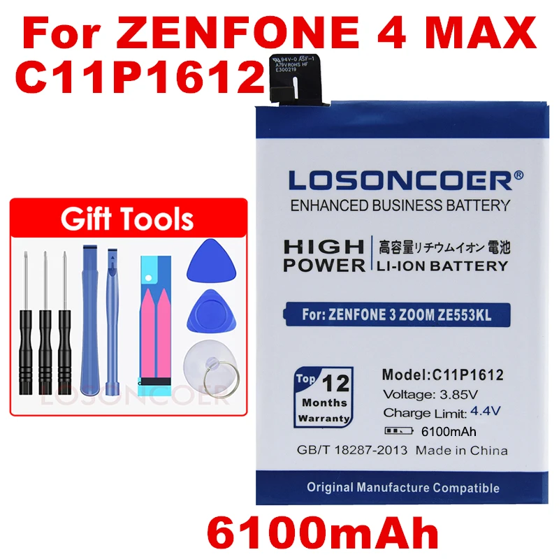 

LOSONCOER 6100mAh C11P1612 For ASUS Zenfone 4 Max Pro Plus X00ID ZC554KL For ASUS Zenfone 3 Zoom ZE553KL Z01HDA phone Battery