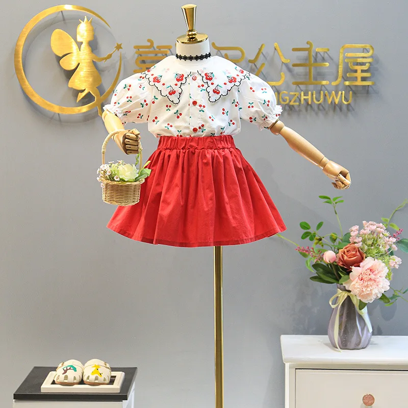 

Pretty Little Girls Clothing Set Summer Cherry Embroidery Short Sleeve Bouse&skirt 2 Pieces Fashion Korean Children Outfits Set