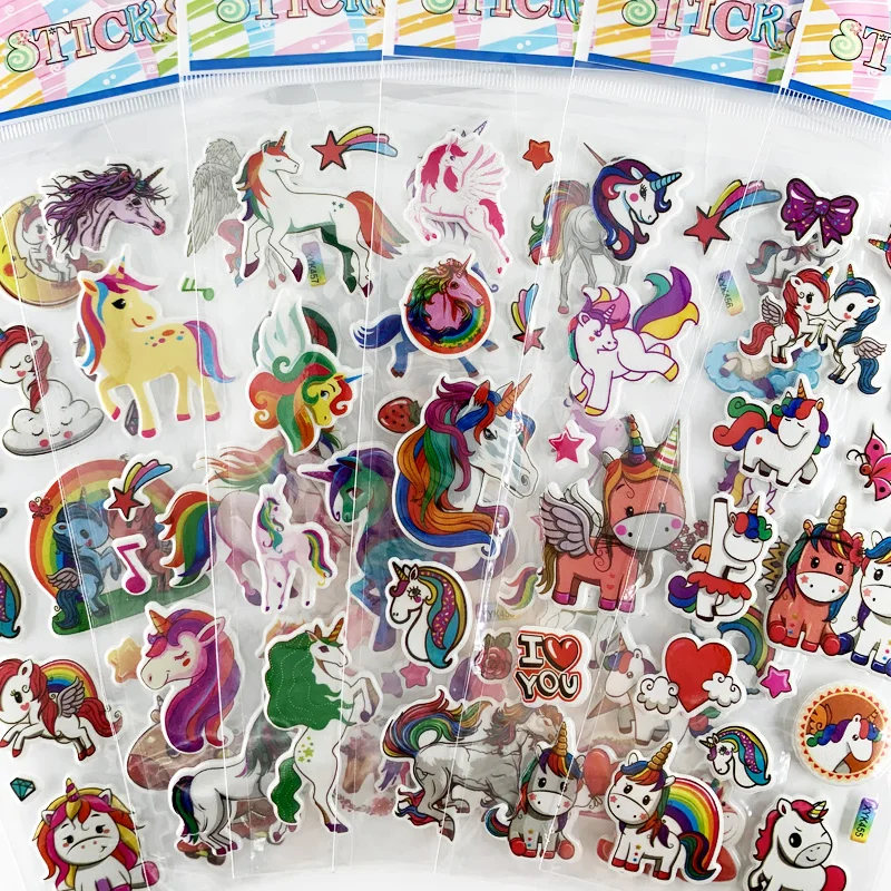 Pegatinas de dibujos animados 3D impermeables para niños y niñas, pegatina con figura de unicornio de PVC, 6 hojas/juego