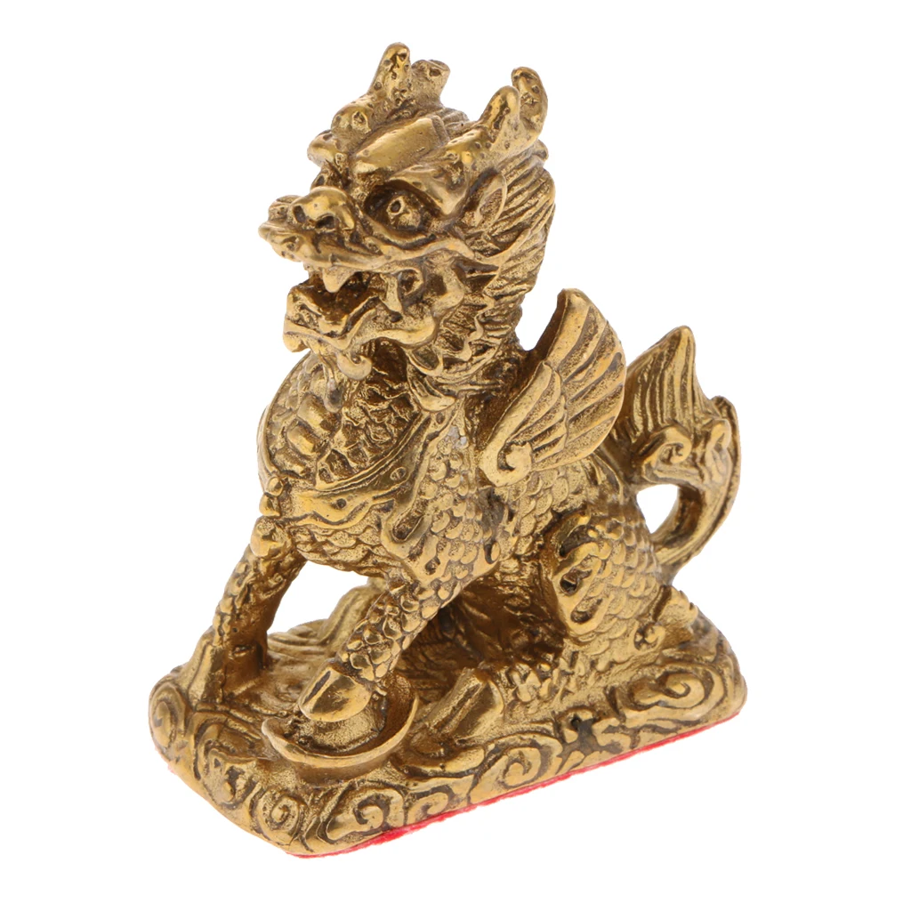 Golden Feng Shui Ornament Chi Lin/Kylin Wealth Prosperity Lucky Statue Handcraft for Living Room/Bedroom/Office