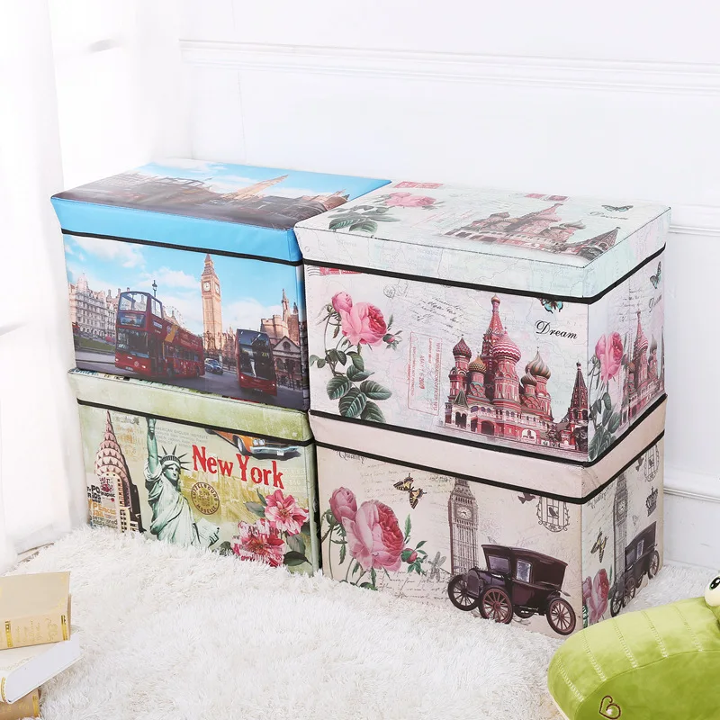 

European Style Retro Printed Coated Film Storage Chair Vehicle-mounted Storage Box Multi-functional Foldable Storage Stool Manuf