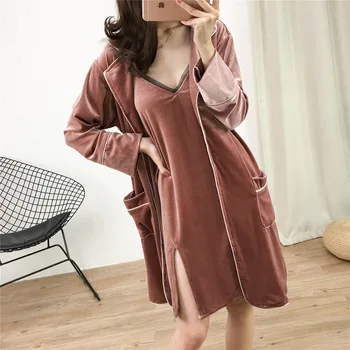 

Female Velvet Kimono Bathrobe Gown Sleepwear Lounge Intimate Lingerie Long Sleeve Nightgown Turn-down Collar 2PCS Robe Set