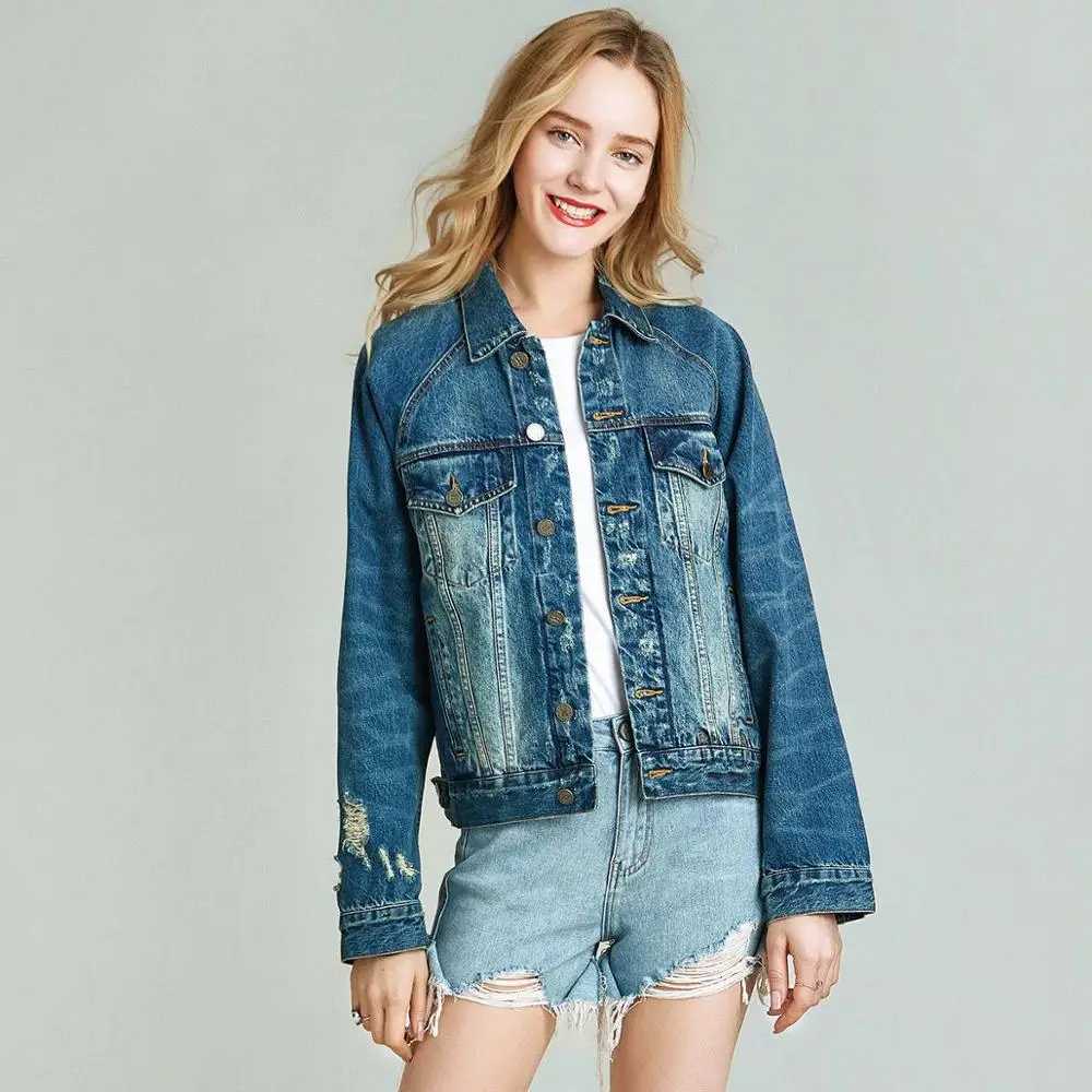 

HAVVA 2020 spring retro washed frayed hole denim jacket women's single-breasted solid color short coat W4181