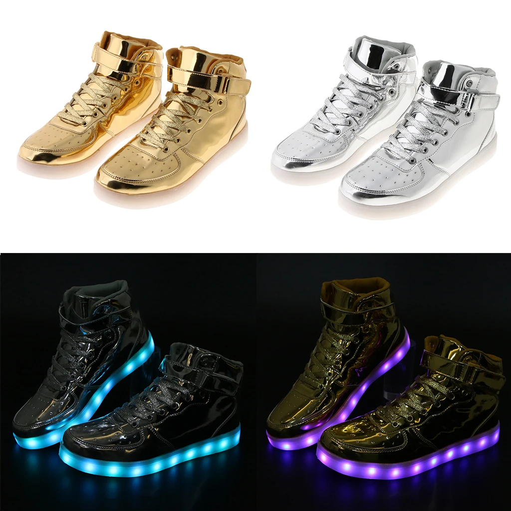 

Women Mens LED Trainer Sneaker Luminous Lace Up High Top Shoes Gold Silver